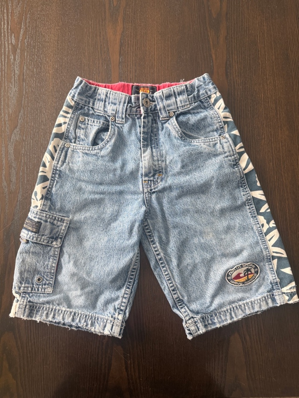 Route 66 Light Blue Denim Cargo Shorts with Navy Tropical Side Panels